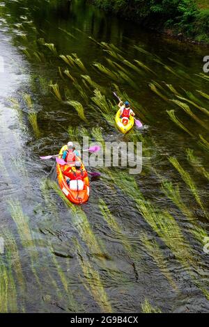 Canoeists canoeing down the Ariege River in the French Pyrenees, South of France. Stock Photo
