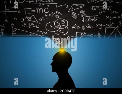 Man Head With moths and physics Thoughts. man Silhouette Brain With mathematics and physic Formula Cloud . scientific brainstorming person and Science Stock Photo