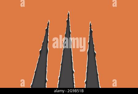 Ripped paper claw on orange paper sheet background. Torn Illustration design Claws. Three vertical Ripped Holes with white edge. Stock Photo