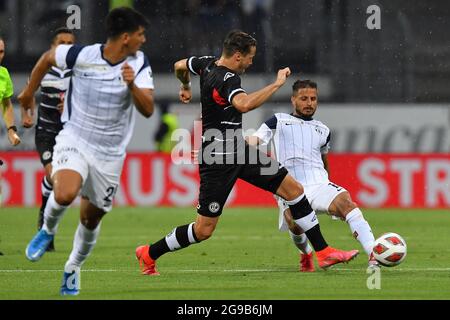 Lugano, Switzerland. 25th July, 2021. Antonio Marchesano (#10 FC Zuerich)  and Sandi Lovric (#24 FC Lugano) during the Super League match between FC  Lugano and FC Zuerich at Cornaredo Stadium in Lugano