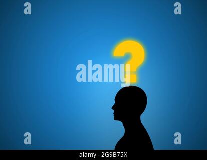 Silhouette Of a Man with question mark in head. yellow Question on businessman head in blue background with copy space. brainstorming and Business que Stock Photo