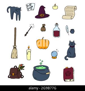 Halloween color vector illustrations set. Magic collection in doodle style. Symbols of mysticism, fortune telling, witch stuff. Stock Vector