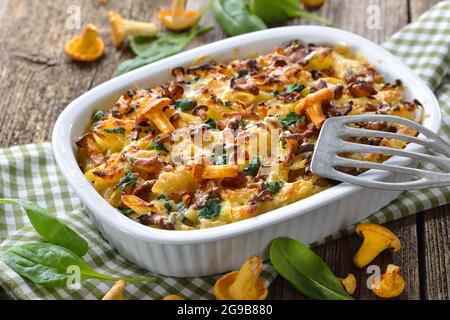 Chanterelle pasta casserole with spinach leaves and cheese served hot from the oven Stock Photo