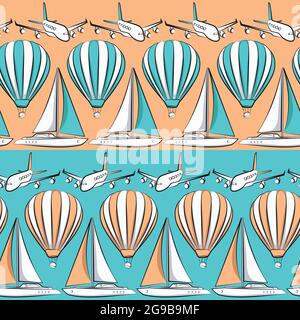 Vector seamless pattern with boat, airplane and air balloon. Stock Vector
