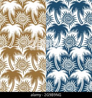 Set of vector seamless patterns with palm trees and sun. Stock Vector