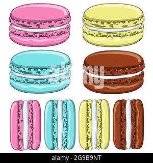 Set of colorful French macaroon cookies. Isolated objects on a white background. Stock Vector