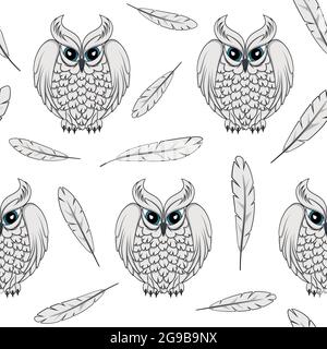 Vector seamless pattern with white polar owls and feathers. Stock Vector