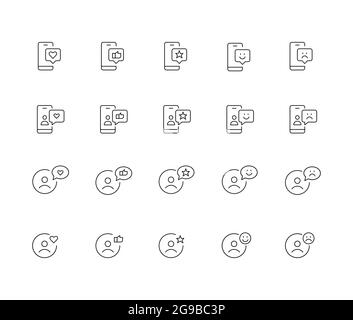 Social media user interactions icons. Like, add to favorite, thumbs up, smileys. Pixel perfect, editable stroke Stock Vector