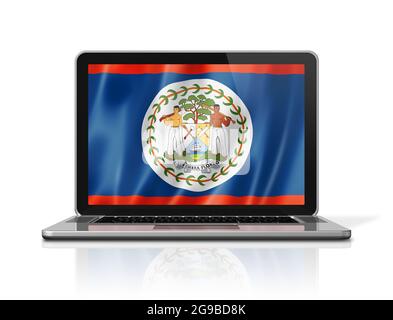 Belize flag on laptop screen isolated on white. 3D illustration render. Stock Photo