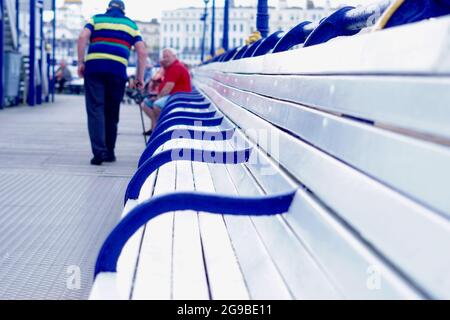 Patterns from Eastbourne Pier, the blue white and gold detail of this stunning Victorian Pier. Colours of the seaside and traditional beach holidays. Stock Photo