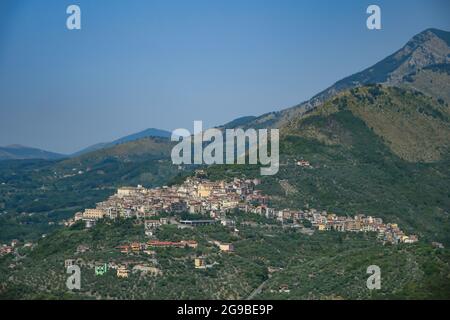 Panoramic view of Roccagorga, a medieval town in the mountains of the Lazio region, Italy. Stock Photo