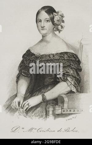 María Cristina de Borbón Dos Sicilias (1806-1878). Queen consort of Spain between 1829 and 1833 by her marriage to King Ferdinand VII, of whom she was his fourth and last wife. Regent of the kingdom between 1833 and 1840. Portrait. Engraving by José Gómez. Panorama Español, Crónica Contemporánea. Madrid, 1842. Author: 19TH CENTURY. José Gómez. Spanish engraver. Stock Photo