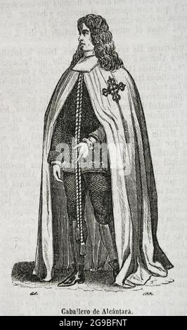 Military and religious Order of Alcántara, founded in 1156 in the Kingdom of Leon. Knight of Alcántara wearing the emblem of the Alcántara cross embroidered on his cape. Engraving. Historia General de España by Father Mariana. Madrid, 1852. Stock Photo