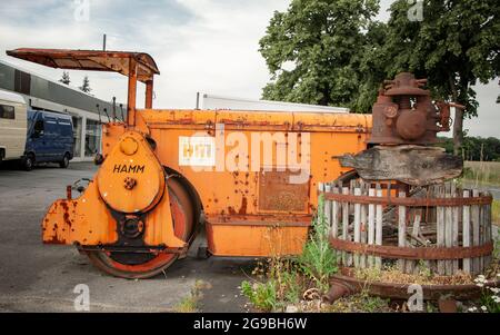 VERSMOLD, GERMANY. JUNE 20, 2021. Auto House. Retro Hamm diesel powered road roller. Old vehicle Stock Photo