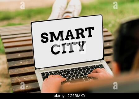 Hand writing sign Smart City. Word for an urban area that uses communication technologies to collect data Voice And Video Calling Capabilities Stock Photo