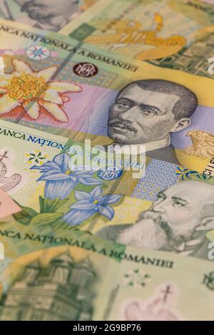 A composition of Romanian leu banknotes providing great options to be used for illustrating subjects as business, banking, media, presentations etc. Stock Photo