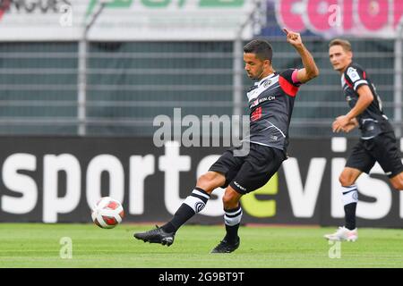 Lugano, Switzerland. 25th July, 2021. Mikael Facchinetti (#7 FC Lugano) and  Nikola Boranijasevic (#19 FC Zuerich) during the Super League match between FC  Lugano and FC Zuerich at Cornaredo Stadium in Lugano