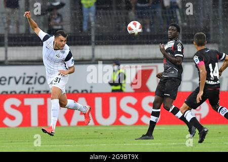 Lugano, Switzerland. 25th July, 2021. Mikael Facchinetti (#7 FC Lugano) and  Nikola Boranijasevic (#19 FC Zuerich) during the Super League match between FC  Lugano and FC Zuerich at Cornaredo Stadium in Lugano