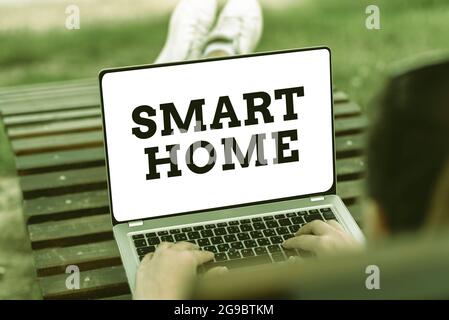 Conceptual caption Smart Home. Conceptual photo equipped home can be controlled remotely by phone or computer Voice And Video Calling Capabilities Stock Photo