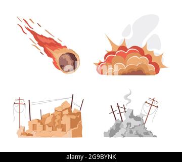 Natural disaster vector flat illustrations isolated on white background. Large burning falling meteorite, big explosion, destroyed city buildings after war or earthquake. World in collapse concept. Stock Vector