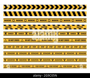 Set of prohibition and warning tapes vector flat illustration. Danger, stop, and caution ribbons isolated on white background. Radiation, toxic, high voltage, and biohazard labels. Poison area. Stock Vector