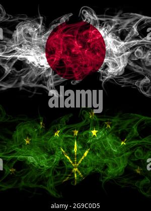 Smoke flags of Japan, Japanese and Adygea, Russia Stock Photo