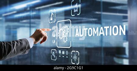 Man clicks on 3d virtual screen Automation. Optimization of business and production processes. Stock Photo