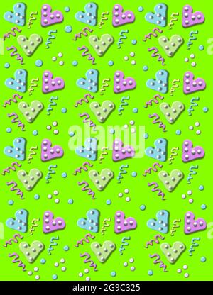 Party confetti fills a green background.  3D polka dotted hearts, swirls and polka dots fill image. Stock Photo