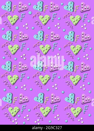 Party confetti fills a lilac background.  3D polka dotted hearts, swirls and polka dots fill image. Stock Photo