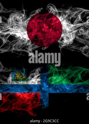 Smoke flags of Japan, Japanese and Russia, Belgorod Oblast Stock Photo