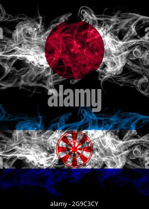 Smoke flags of Japan, Japanese and Russia, Russian, Evenkia Stock Photo