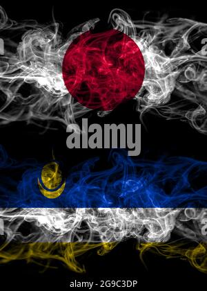 Smoke flags of Japan, Japanese and Russia, Buryatia Stock Photo