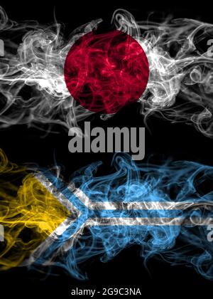 Smoke flags of Japan, Japanese and Russia, Russian, Tuva Stock Photo