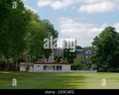 London, Greater London, England, June 12 2021: Burton Court, a park in Chelsea belonging to the Royal Hospital Chelsea. It has a pavilion as pictured, Stock Photo