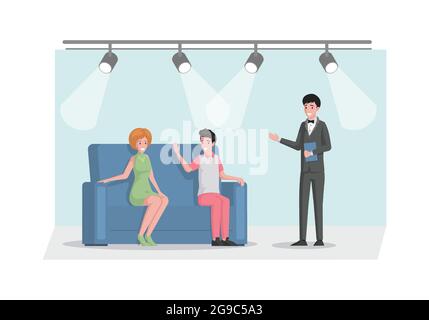 Smiling TV host in suit interviewing celebrity persons in studio vector flat illustration. Famous man and woman sitting on sofa front of standing man. TV broadcasting, journalist talks to celebrities. Stock Vector