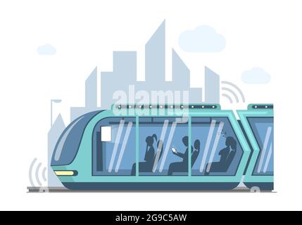 Future public express transport in city vector flat illustration. Futuristic high speed train on background of modern town. Train, locomotive with passengers and cityscape on backdrop. Stock Vector