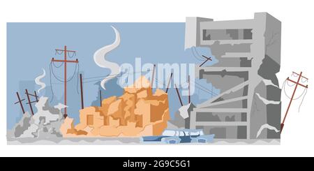 Destroyed city buildings after war or earthquake vector flat illustration. Abandoned and damaged broken constructions. Town in ruins after bomb explosion or disaster. World in collapse concept. Stock Vector