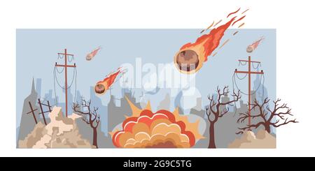 Large burning meteorites fall on the city vector flat illustration. Destroyed city buildings during natural disaster. Abandoned and damaged broken constructions. Town in ruins after comet falling. Stock Vector