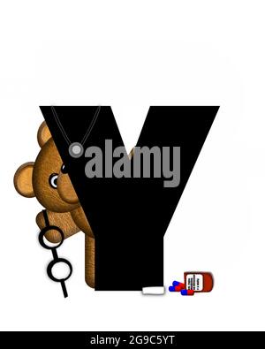 The letter Y, in the alphabet set 'Teddy Doctor Visit,' is black.  Teddy bear wearing a stethoscope and glasses decorates letter along with other medi Stock Photo