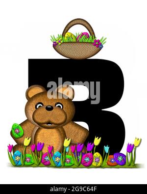 The letter B, in the alphabet set 'Teddy Easter Egg Hunt,' is black. Teddy hunts Easter Eggs hidden in the grass.  He has an Easter basket with eggs. Stock Photo