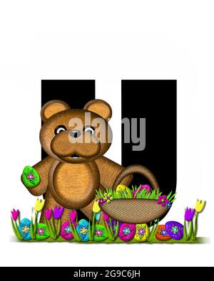 The letter U, in the alphabet set 'Teddy Easter Egg Hunt,' is black. Teddy hunts Easter Eggs hidden in the grass.  He has an Easter basket with eggs. Stock Photo