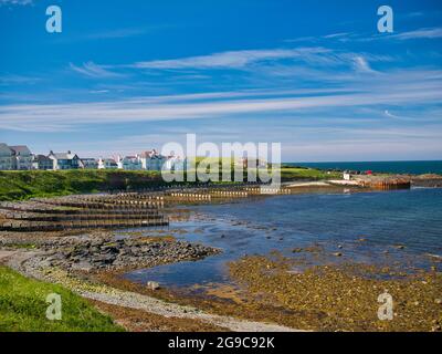 Breakwater groynes extending into the sea at low tide at the bay at Portballintrae on the Antrim Causeway Coast in Northern Ireland, UK. Taken on a su Stock Photo