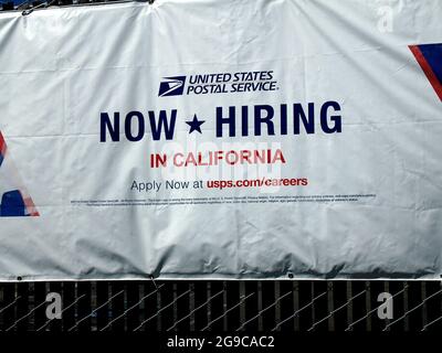 United States Postal Service now hiring in California banner at a Union City California Post Office Stock Photo