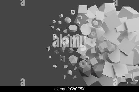 Black and white 3D illustration of abstract geometric shapes Stock Photo
