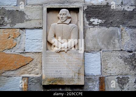Bas relief of English poet and dramatist William Shakespeare on the wall of Stronborg castle in Helsingør near Copenhagen, in Denmark. Stock Photo