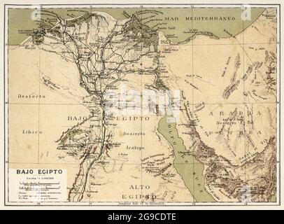 Map of Lower Egypt, North Africa. Old 19th century Color lithography illustration from El Mundo Ilustrado 1879 Stock Photo