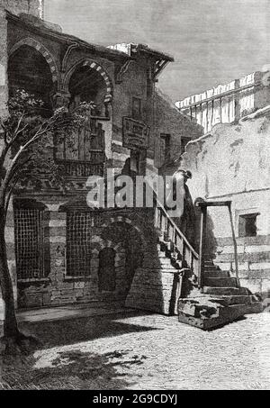 Traditional courtyard of a house in Cairo, Egypt, North Africa. Old 19th century engraved illustration from El Mundo Ilustrado 1879