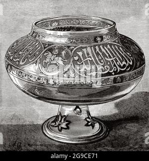 Antique Arabic enameled glass vase, Egypt, North Africa. Old 19th century engraved illustration from El Mundo Ilustrado 1879