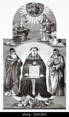 The Triumph of Saint Thomas Aqinas over the Heretics. Old 19th century engraved illustration from Jesus Christ by Veuillot 1881 Stock Photo