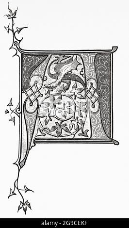 Initial capital letter A, 14th Century. Old 19th century engraved illustration from Jesus Christ by Veuillot 1881 Stock Photo